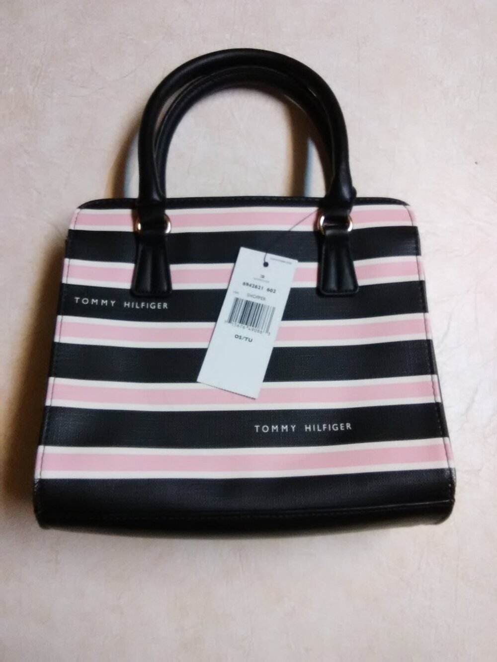 Tommy Hilfiger pink & black & cream ? striped handbag NEW NWT